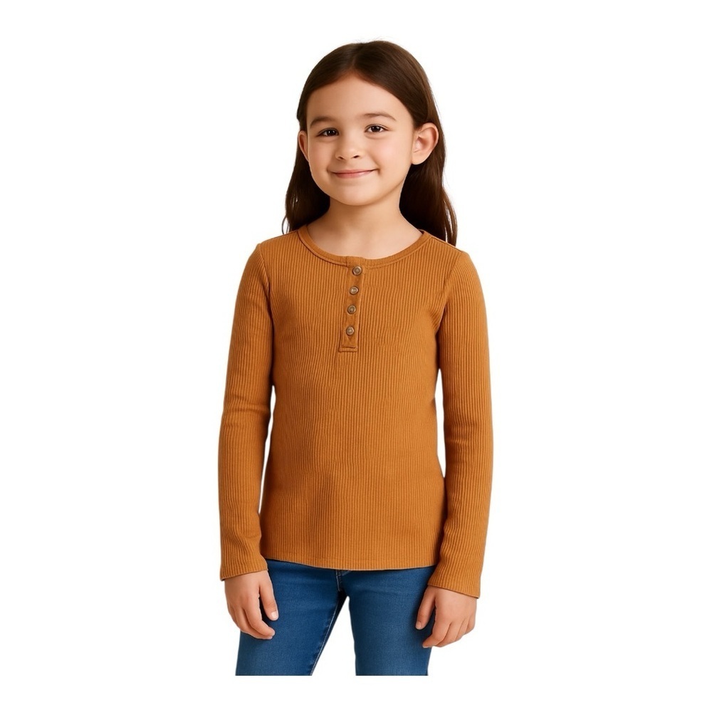 Thereabouts Girls Henley Top Brown Ribbed Long Sleeve Size Small 7/8